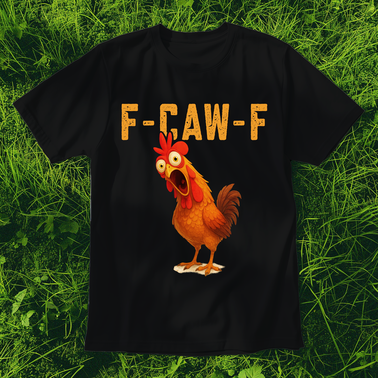 Funny F-CAW-F rooster t-shirt viral TikTok chicken meme tee in black cotton.